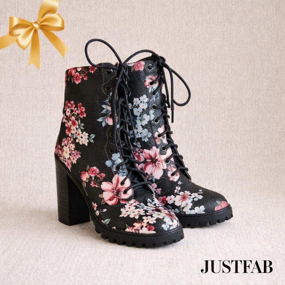 JustFab Floral Lace-Up Block Heel Ankle Boots